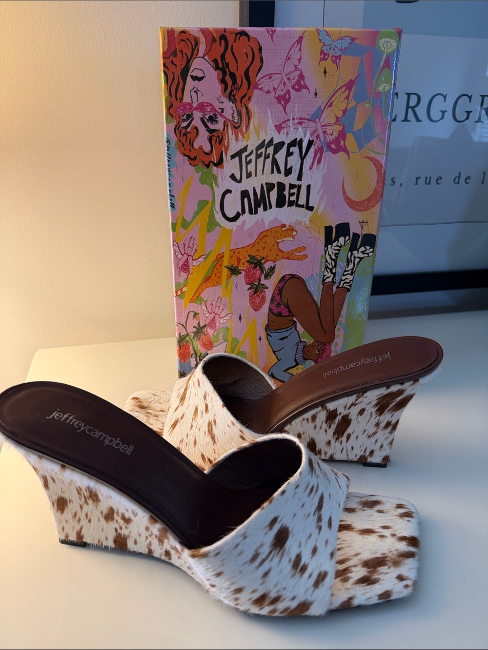 Jeffrey Campbell Brown & White Capital-F Cowhide Wedge Slide Sandals